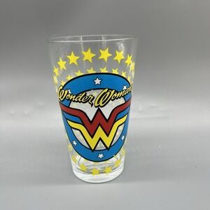 Wonder Women 16oz Glass Cup 1980's Logo Classic Comic Star Burst NWT‎